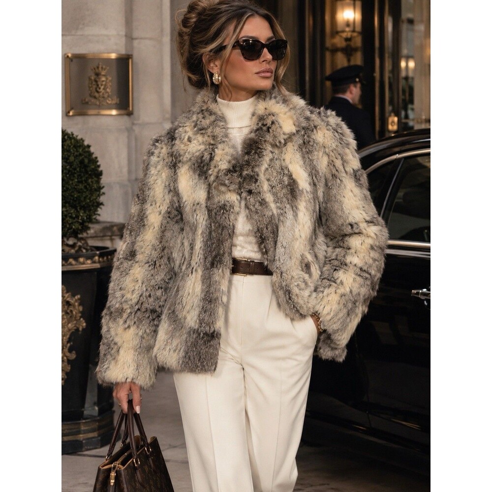 Vintage 100% Genuine Rabbit Fur Patchwork Womens Jacket Coat Gray Cream Small